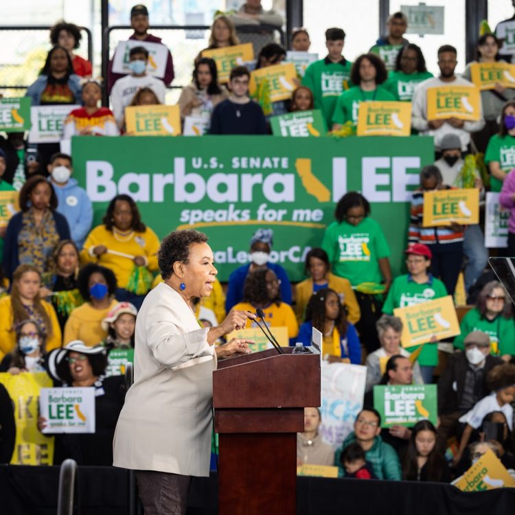 Barbara Lee speaks at campaign kickoff in February 2023